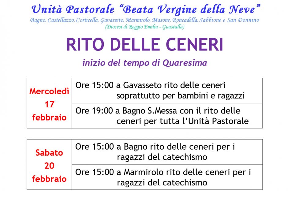 RITO DELLE CENERI E CAMMINO DI QUARESIMA