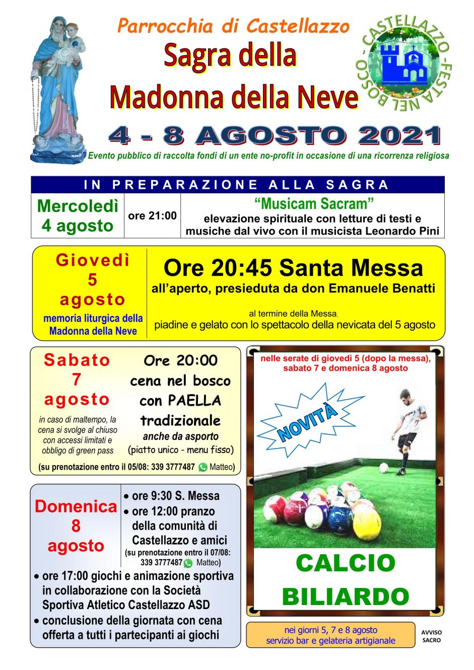 Sagra 2021 della Madonna della Neve a Castellazzo dal 4 all’8 agosto